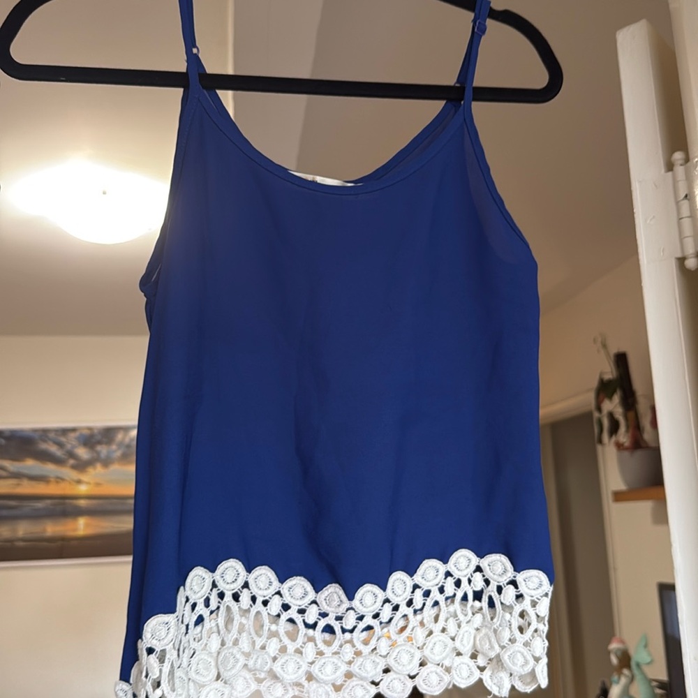 Royal Blue Tank top blouse with crème crochet trim detailing